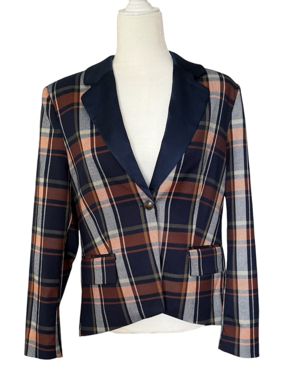 NWOT S’EDGE Navy/Orange Plaid “Wharton” Blazer/Jacket Academia Preppy Size Small